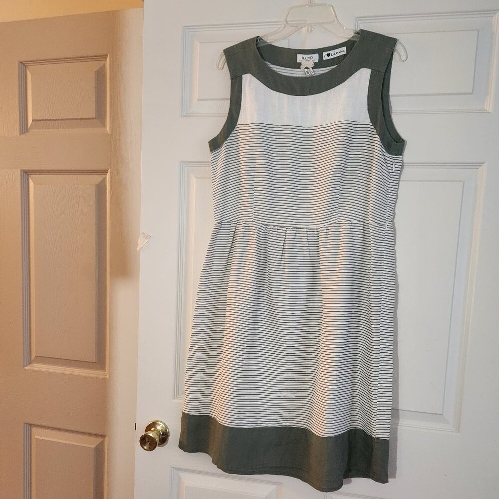 MALVIN Hamburg Germany Women Dress L White LINEN Gray Stripe Sheath Knee Length
